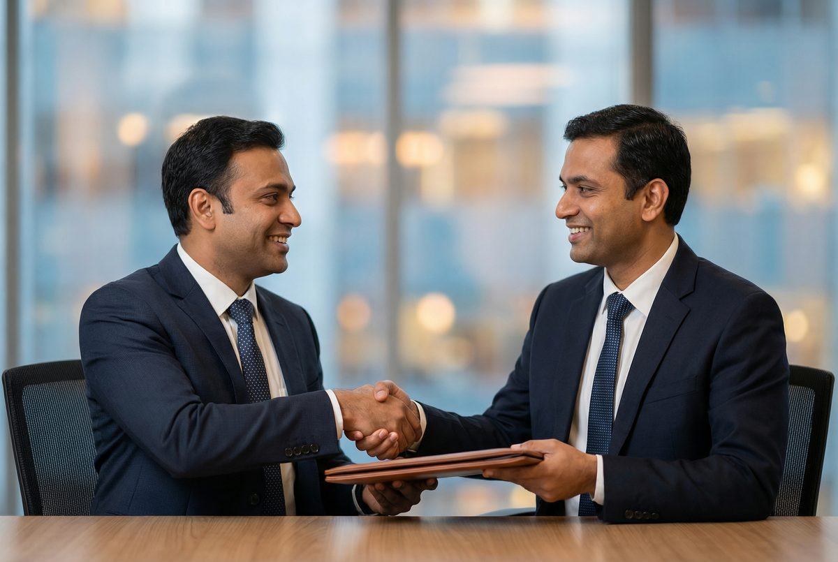 Two professionals shaking hands across a desk
