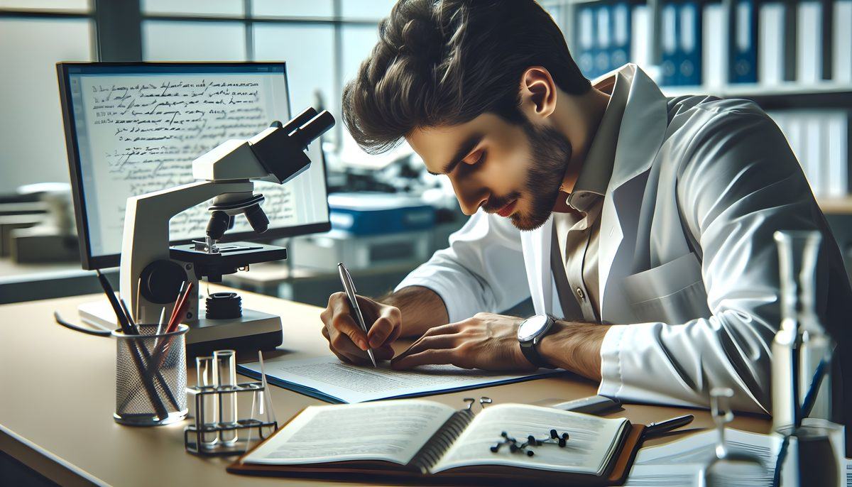 Researcher in a lab coat writing notes beside a microscope