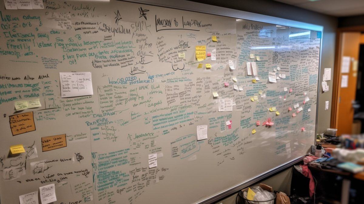 Whiteboard wall covered in research planning notes and sticky notes