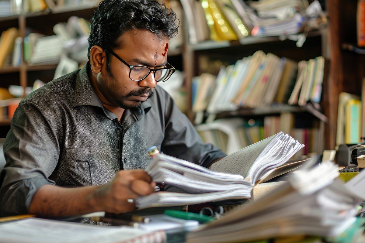 Scholar reading through papers in a library surrounded by books