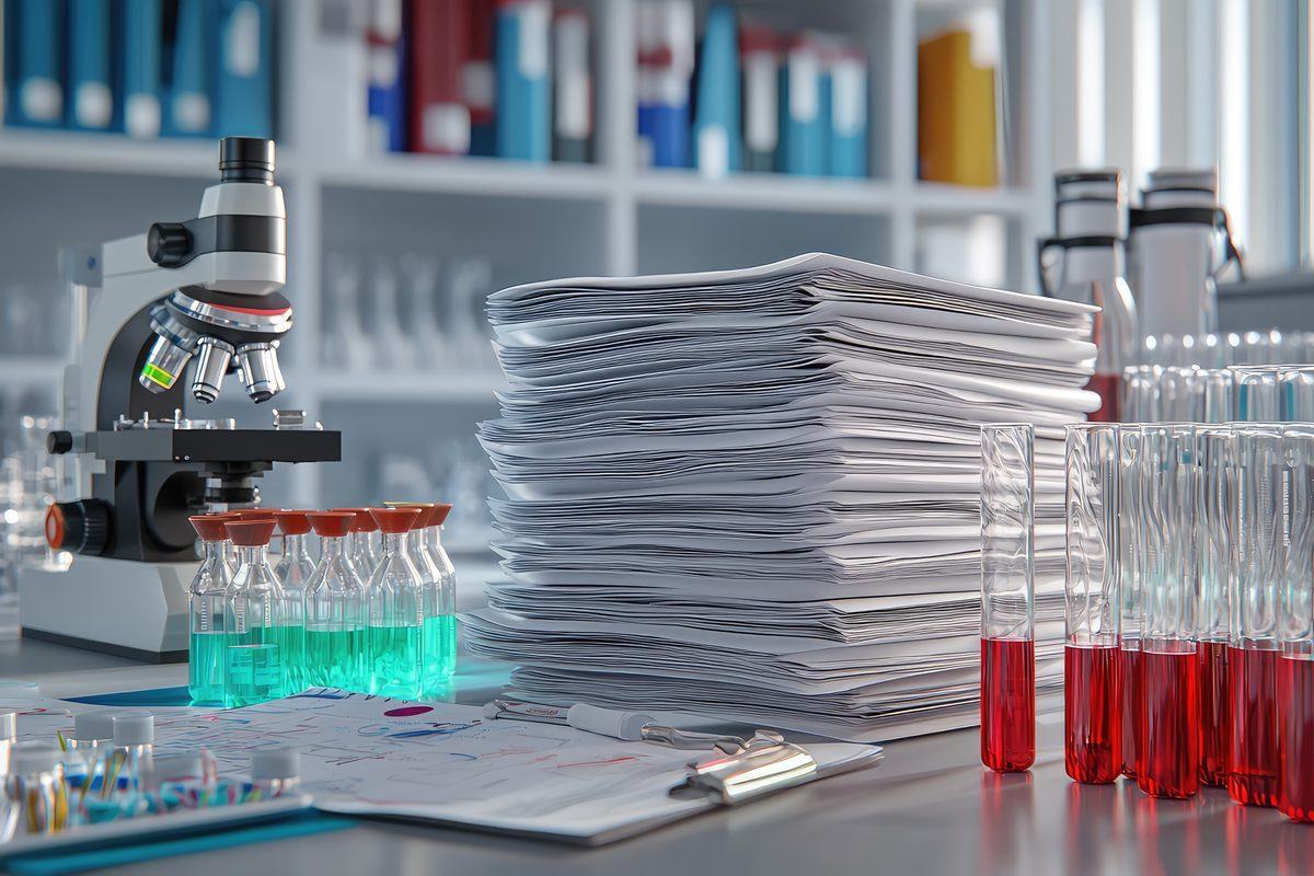 Laboratory bench with a microscope, test tubes and a stack of papers